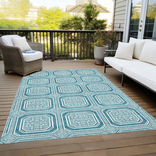 Piper Looms Chantille Geometric ACN1463 Teal Machine Washable Area Rug Outdoor Lifestyle Image Feature
