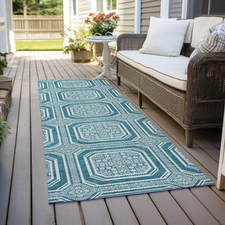 Piper Looms Chantille Geometric ACN1463 Teal Machine Washable Area Rug Runner Outdoor Lifestyle Image Feature