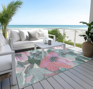 Piper Looms Chantille Floral ACN1492 Teal Machine Washable Area Rug Outdoor Lifestyle Image Feature
