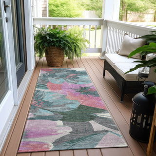 Piper Looms Chantille Floral ACN1492 Teal Machine Washable Area Rug Runner Outdoor Lifestyle Image Feature