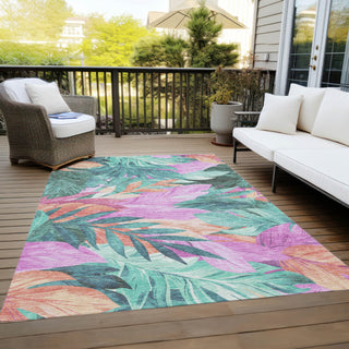 Piper Looms Chantille Floral ACN1498 Teal Machine Washable Area Rug Outdoor Lifestyle Image Feature