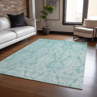 Piper Looms Chantille Damask ACN1659 Aqua Machine Washable Area Rug Lifestyle Image Feature