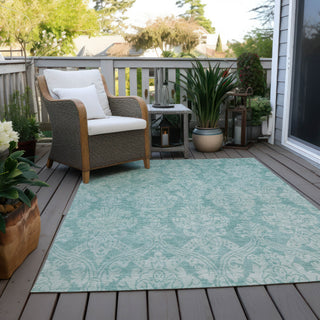 Piper Looms Chantille Damask ACN1659 Aqua Machine Washable Area Rug Outdoor Lifestyle Image Feature