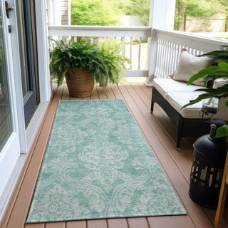 Piper Looms Chantille Damask ACN1659 Aqua Machine Washable Area Rug Runner Outdoor Lifestyle Image Feature