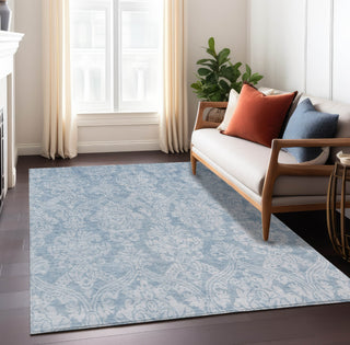 Piper Looms Chantille Damask ACN1659 Blue Machine Washable Area Rug Lifestyle Image Feature