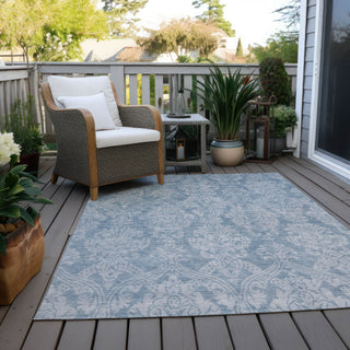 Piper Looms Chantille Damask ACN1659 Blue Machine Washable Area Rug Outdoor Lifestyle Image Feature