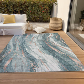 Piper Looms Chantille Swirls ACN1676 Teal Machine Washable Area Rug Outdoor Lifestyle Image Feature