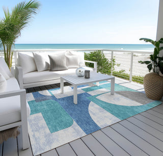 Piper Looms Chantille Mid Century ACN1692 Teal Machine Washable Area Rug Outdoor Lifestyle Image Feature