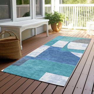 Piper Looms Chantille Mid Century ACN1692 Teal Machine Washable Area Rug Runner Outdoor Lifestyle Image Feature