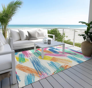 Piper Looms Chantille Stripes ACN1696 White Machine Washable Area Rug Outdoor Lifestyle Image Feature