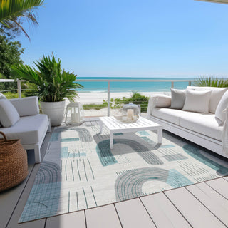 Piper Looms Chantille Geometric ACN1698 Teal Machine Washable Area Rug Outdoor Lifestyle Image Feature