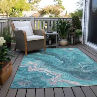 Piper Looms Chantille Abstract ACN1701 Teal Machine Washable Area Rug Outdoor Lifestyle Image Feature