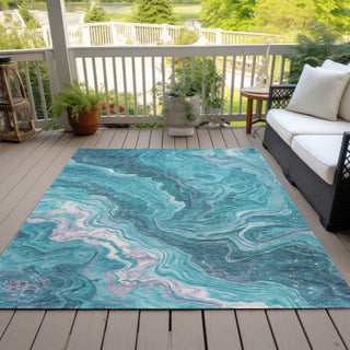Piper Looms Chantille Abstract ACN1701 Teal Machine Washable Area Rug Outdoor Lifestyle Image Feature