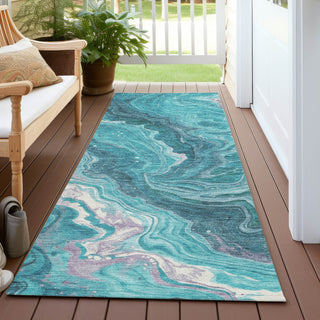 Piper Looms Chantille Abstract ACN1701 Teal Machine Washable Area Rug Runner Outdoor Lifestyle Image Feature