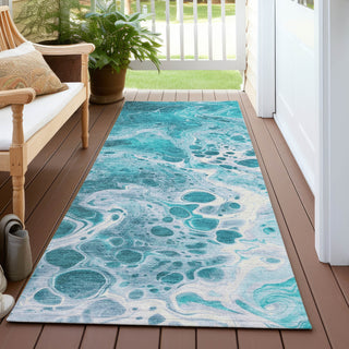 Piper Looms Chantille Abstract ACN1705 Teal Machine Washable Area Rug Runner Outdoor Lifestyle Image Feature