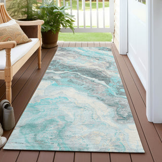 Piper Looms Chantille Abstract ACN1709 Teal Machine Washable Area Rug Runner Outdoor Lifestyle Image Feature