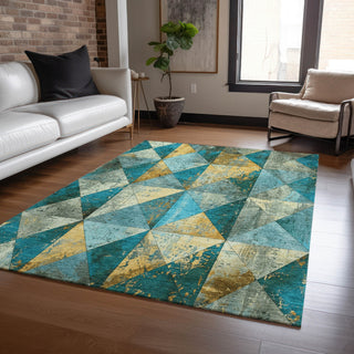 Piper Looms Chantille Geometric ACN1721 Teal Machine Washable Area Rug Lifestyle Image Feature