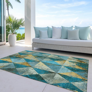 Piper Looms Chantille Geometric ACN1721 Teal Machine Washable Area Rug Outdoor Lifestyle Image Feature