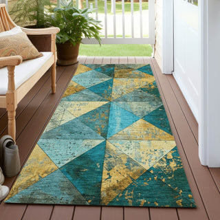 Piper Looms Chantille Geometric ACN1721 Teal Machine Washable Area Rug Runner Outdoor Lifestyle Image Feature