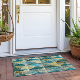 Piper Looms Chantille Geometric ACN1721 Teal Machine Washable Area Rug Scatter Outdoor Lifestyle Image Feature