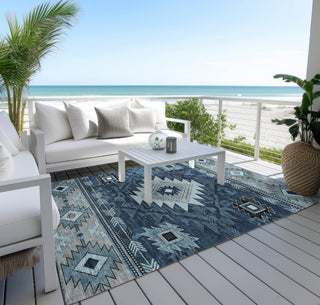 Piper Looms Chantille Tribal ACN1754 Blue Machine Washable Area Rug Outdoor Lifestyle Image Feature