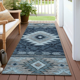 Piper Looms Chantille Tribal ACN1754 Blue Machine Washable Area Rug Runner Outdoor Lifestyle Image Feature