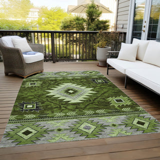 Piper Looms Chantille Tribal ACN1754 Olive Machine Washable Area Rug Outdoor Lifestyle Image Feature