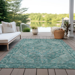 Piper Looms Chantille Border ACN1761 Teal Machine Washable Area Rug Outdoor Lifestyle Image Feature