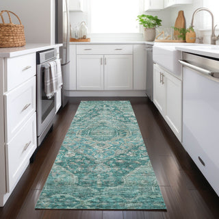 Piper Looms Chantille Border ACN1761 Teal Machine Washable Area Rug Runner Lifestyle Image Feature