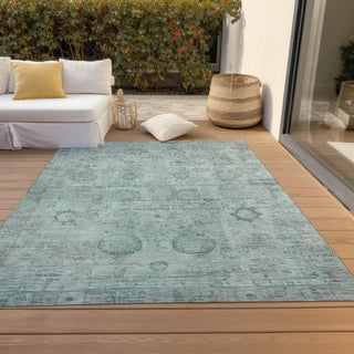 Piper Looms Chantille Border ACN1769 Aqua Machine Washable Area Rug Outdoor Lifestyle Image Feature