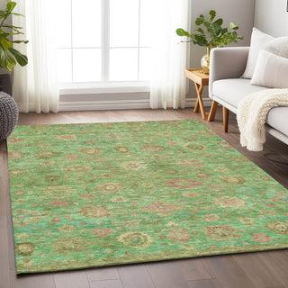 Piper Looms Chantille Damask ACN1770 Lime Machine Washable Area Rug Lifestyle Image Feature