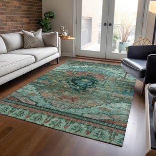 Piper Looms Chantille Tribal ACN1776 Teal Machine Washable Area Rug Lifestyle Image Feature