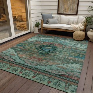 Piper Looms Chantille Tribal ACN1776 Teal Machine Washable Area Rug Outdoor Lifestyle Image Feature