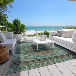 Piper Looms Chantille Tribal ACN1776 Teal Machine Washable Area Rug Outdoor Lifestyle Image Feature