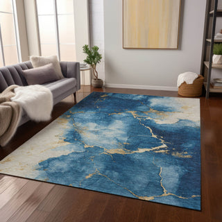 Piper Looms Chantille Abstract ACN1790 Navy Machine Washable Area Rug Lifestyle Image Feature