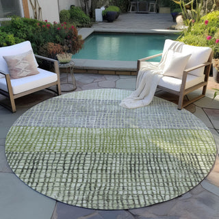 Piper Looms Chantille Geometric ACN1831 Aloe Machine Washable Area Rug Round Outdoor Lifestyle Image Feature