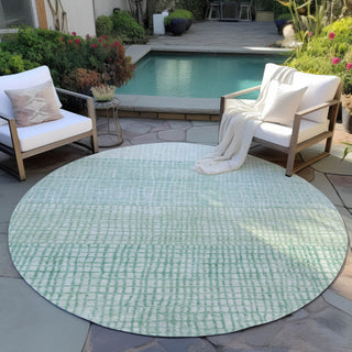 Piper Looms Chantille Geometric ACN1831 Teal Machine Washable Area Rug Round Outdoor Lifestyle Image Feature