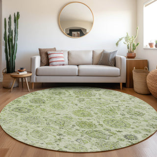 Piper Looms Chantille Damask ACN1833 Aloe Machine Washable Area Rug Round Lifestyle Image Feature
