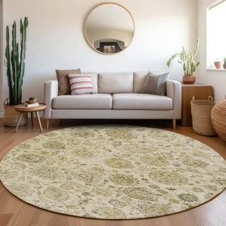 Piper Looms Chantille Damask ACN1833 Beige Machine Washable Area Rug Round Lifestyle Image Feature