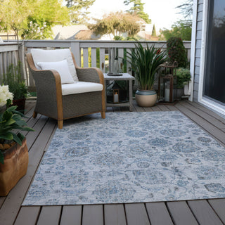 Piper Looms Chantille Damask ACN1833 Blue Machine Washable Area Rug Outdoor Lifestyle Image Feature