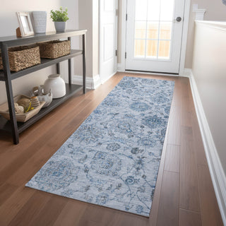 Piper Looms Chantille Damask ACN1833 Blue Machine Washable Area Rug Runner Lifestyle Image Feature