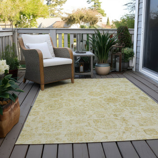 Piper Looms Chantille Damask ACN1833 Gold Machine Washable Area Rug Outdoor Lifestyle Image Feature