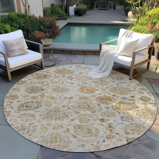 Piper Looms Chantille Damask ACN1833 Linen Machine Washable Area Rug Round Outdoor Lifestyle Image Feature