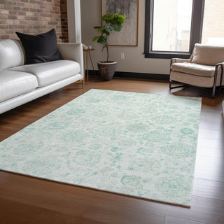 Piper Looms Chantille Damask ACN1833 Turquoise Machine Washable Area Rug Lifestyle Image Feature