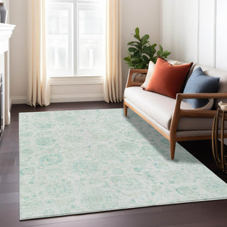 Piper Looms Chantille Damask ACN1833 Turquoise Machine Washable Area Rug Lifestyle Image Feature