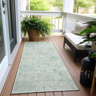 Piper Looms Chantille Damask ACN1833 Turquoise Machine Washable Area Rug Runner Outdoor Lifestyle Image Feature