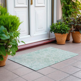 Piper Looms Chantille Damask ACN1833 Turquoise Machine Washable Area Rug Scatter Outdoor Lifestyle Image Feature