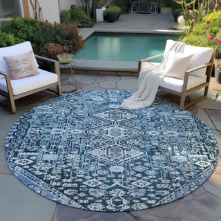 Piper Looms Chantille Aztec ACN1834 Blue Machine Washable Area Rug Round Outdoor Lifestyle Image Feature