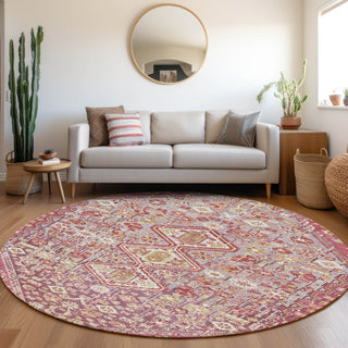 Piper Looms Chantille Aztec ACN1834 Merlot Machine Washable Area Rug Round Lifestyle Image Feature