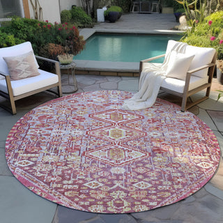 Piper Looms Chantille Aztec ACN1834 Merlot Machine Washable Area Rug Round Outdoor Lifestyle Image Feature
